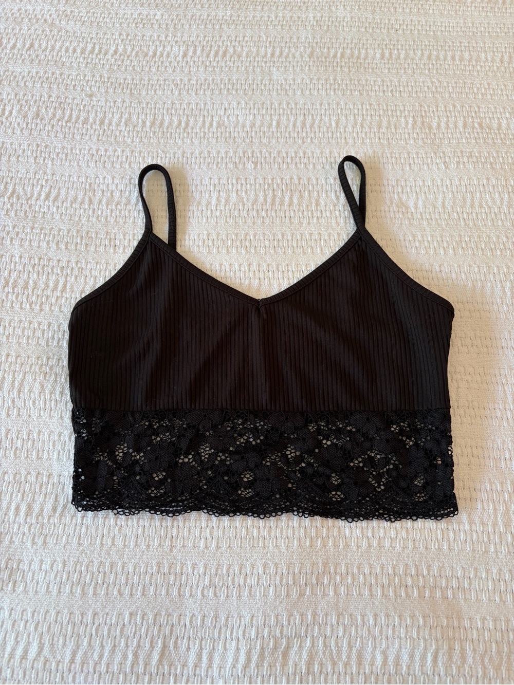 Black Lace Trim Ribbed Crop Top